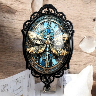 Gothic Retractable Badge Reel - Dragonfly ID Holder w/belt clip - Nurses, Teachers, Vol