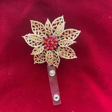 Festive Holiday Poinsettia Badge Holder with retractable reel and belt clip.  Petals are flexible wi