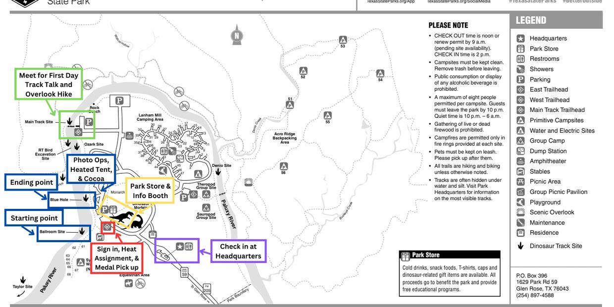 Map of Dinosaur Valley with highlighted event areas.