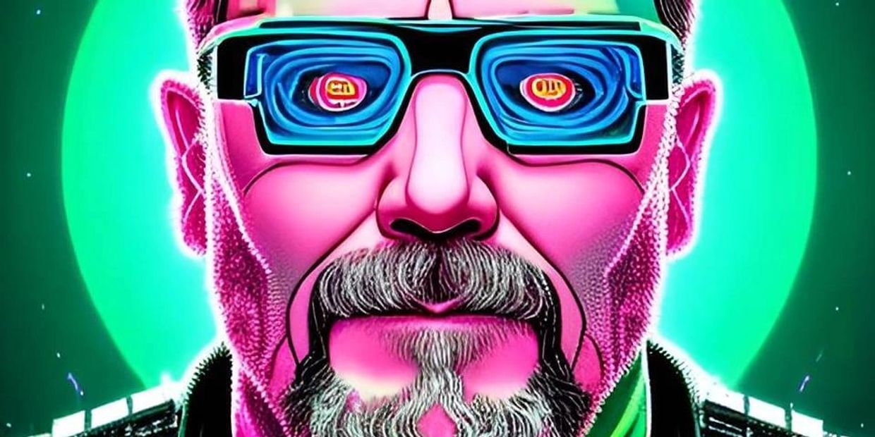 Vibrant neon portrait of a man with glasses and a glowing green background.