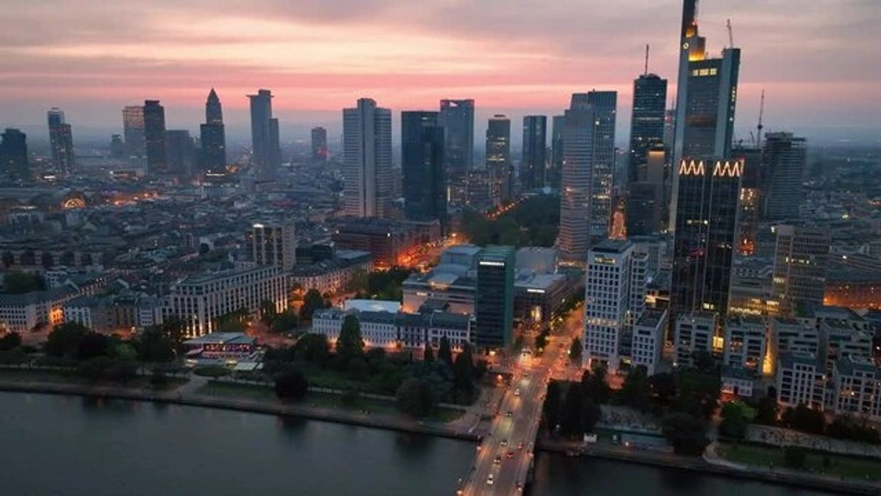 City skyline at dusk with illuminated buildings and a riverfront bridge.