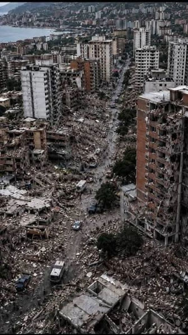 City devastated by bombing with damaged buildings and debris.
