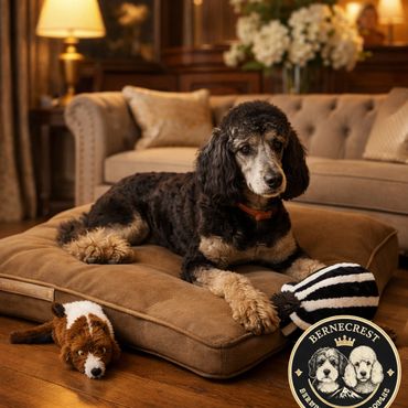 A black and tan poodle lying on a cushion with two dog toys in a cozy living room.