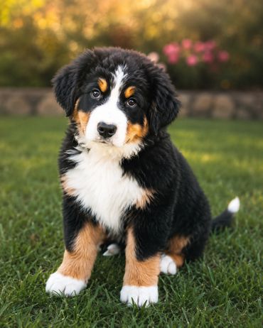Adorable Bernese Mountain Dog puppy sitting on grass with a curious expression.