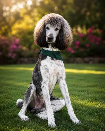 Elegant poodle sitting on green grass with a green scarf and white collar.