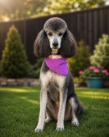 Elegant poodle with a purple bandana sitting on green grass in a garden.