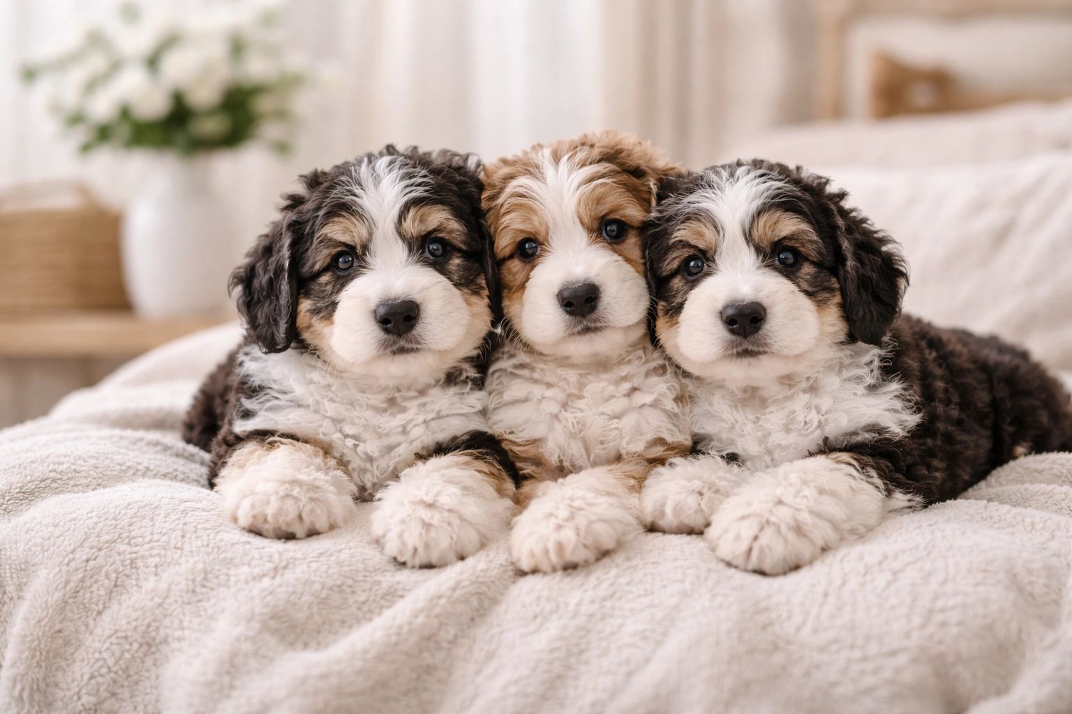 Three adorable fluffy puppies lying side by side on a cozy blanket.