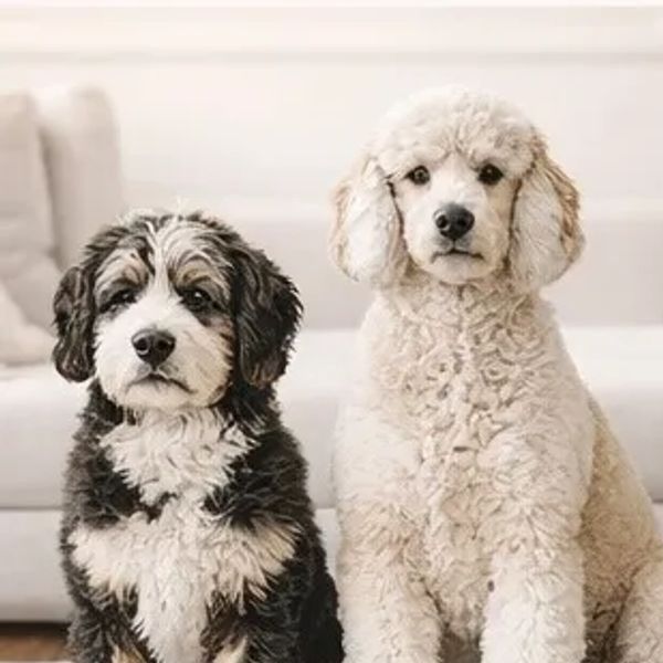 Two adorable fluffy puppies sitting side by side indoors.