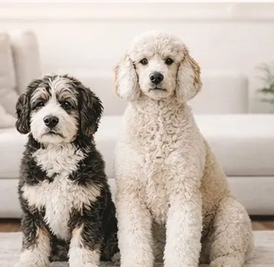 Two adorable fluffy puppies sitting on a rug indoors.