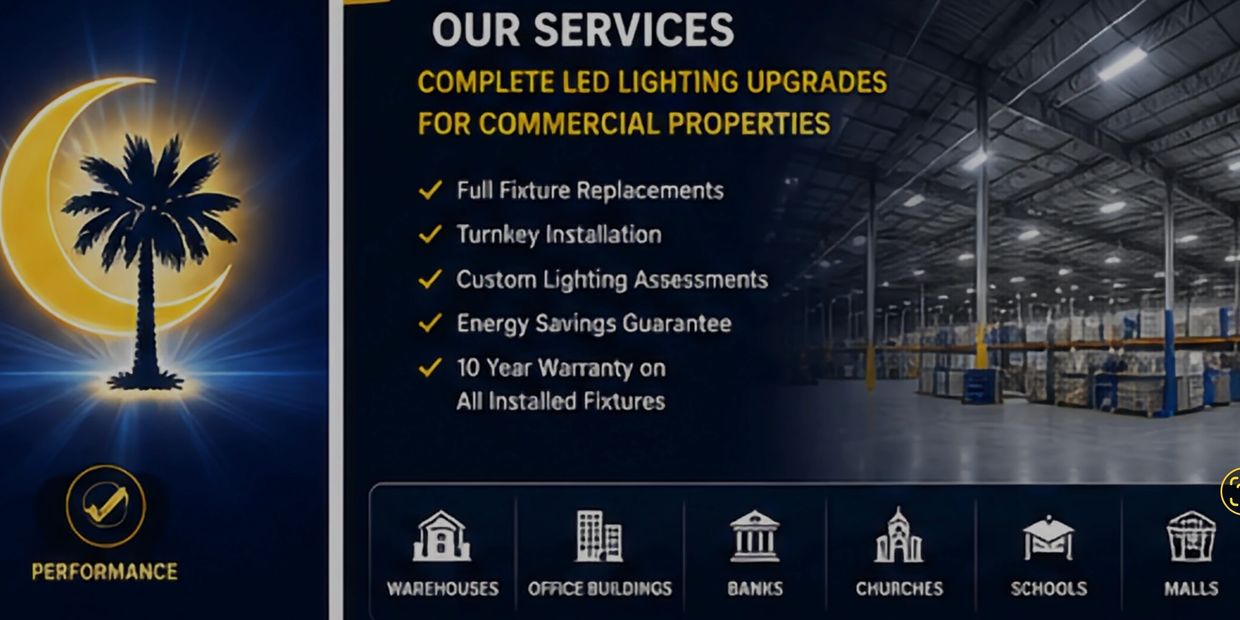 LED lighting upgrades for commercial spaces like warehouses, office buildings, offices, banks, churches, schools, malls, manufacturing.