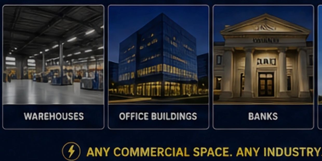 Images of warehouses, office buildings, and banks representing commercial spaces.