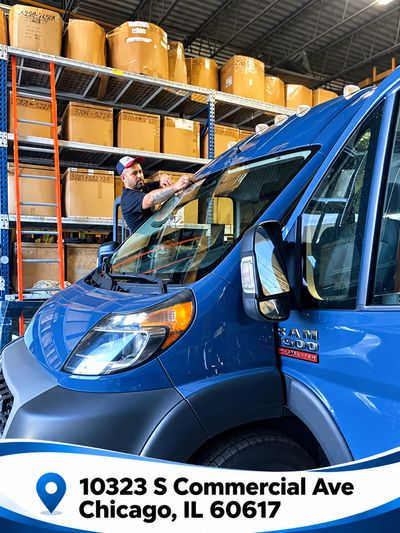 Man cleaning windshield of blue RAM ProMaster in warehouse.