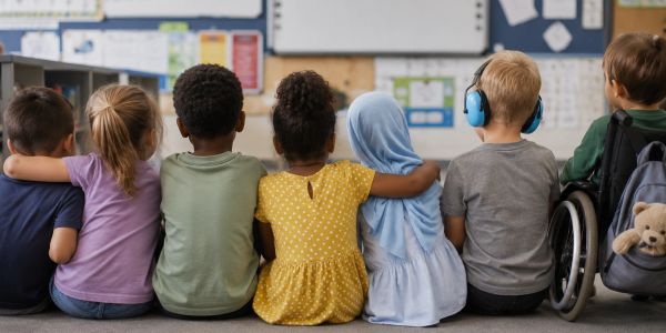 Diverse children sitting together in a classroom, showing friendship and inclusion.