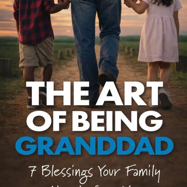 A grandfather walks hand-in-hand with his grandchildren at sunset.