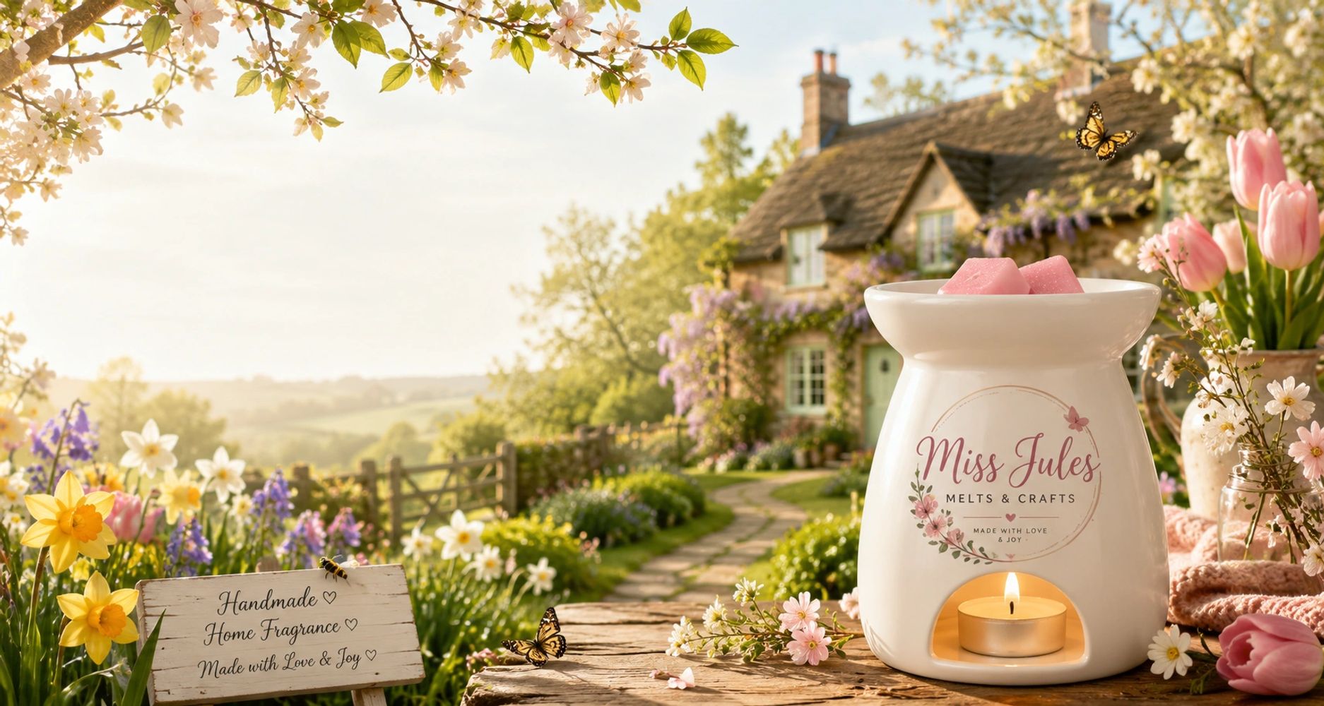 Cozy floral-scented candle setup with spring flowers and cottage.