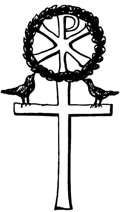 Image of a Labarum, a long Latin Cross with a Chi Rho (XP) on top, with a wreath and birds.