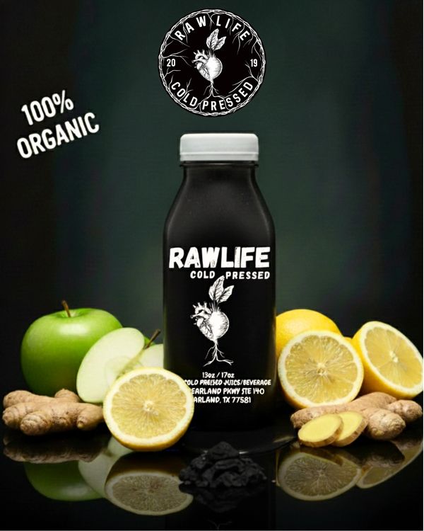 organic Apple lemonade juice with activated charcoal in rawlife cold pressed glass bottle