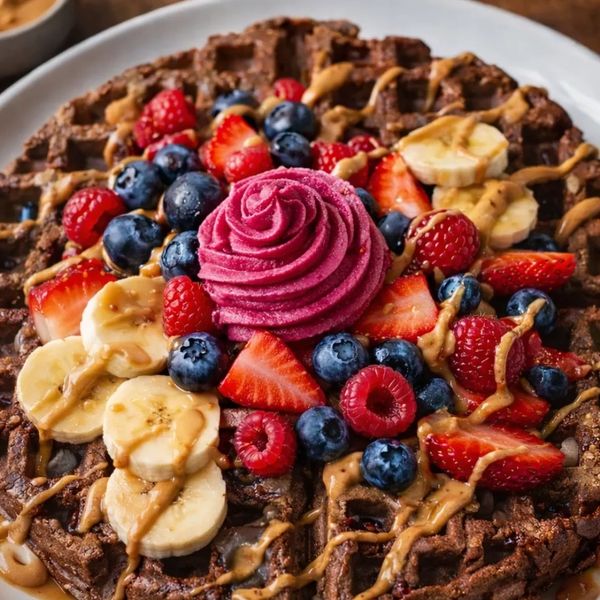 Organic buckwheat waffle, topped with strawberries, blue berries, banana, in house whip, almond butt