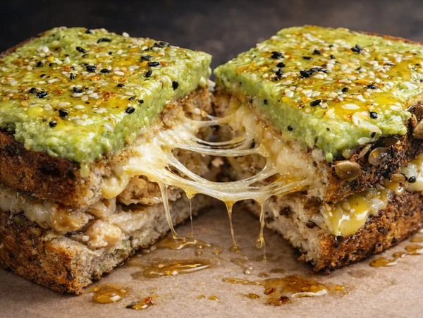 Organic chicken grilled cheeses, loaded with avocado guac