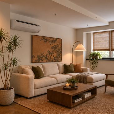 Cozy living room with beige sofa and warm lighting.