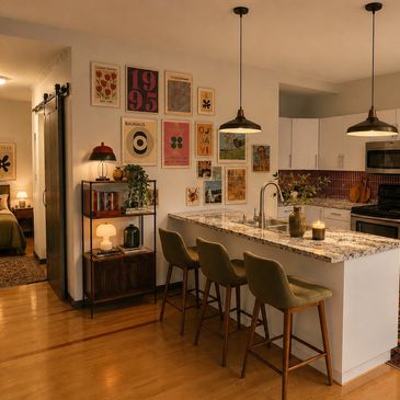 Cozy kitchen with island, green bar stools, and warm lighting.