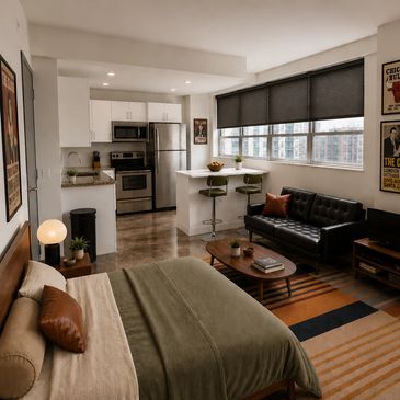 Cozy modern studio apartment with kitchen, bed, and living area.