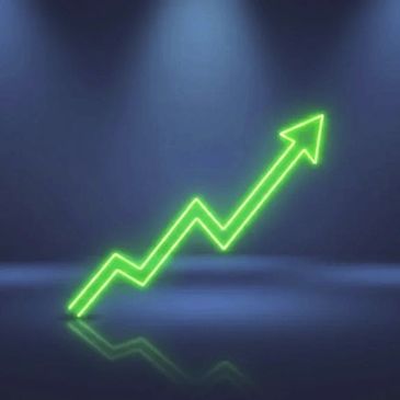 Glowing green arrow graph showing upward growth on dark background.