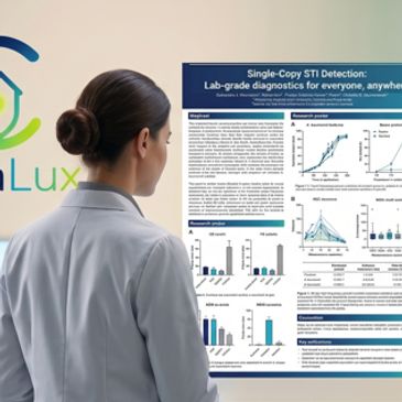 Scientist reviewing a detailed scientific poster on STI detection and diagnostics.