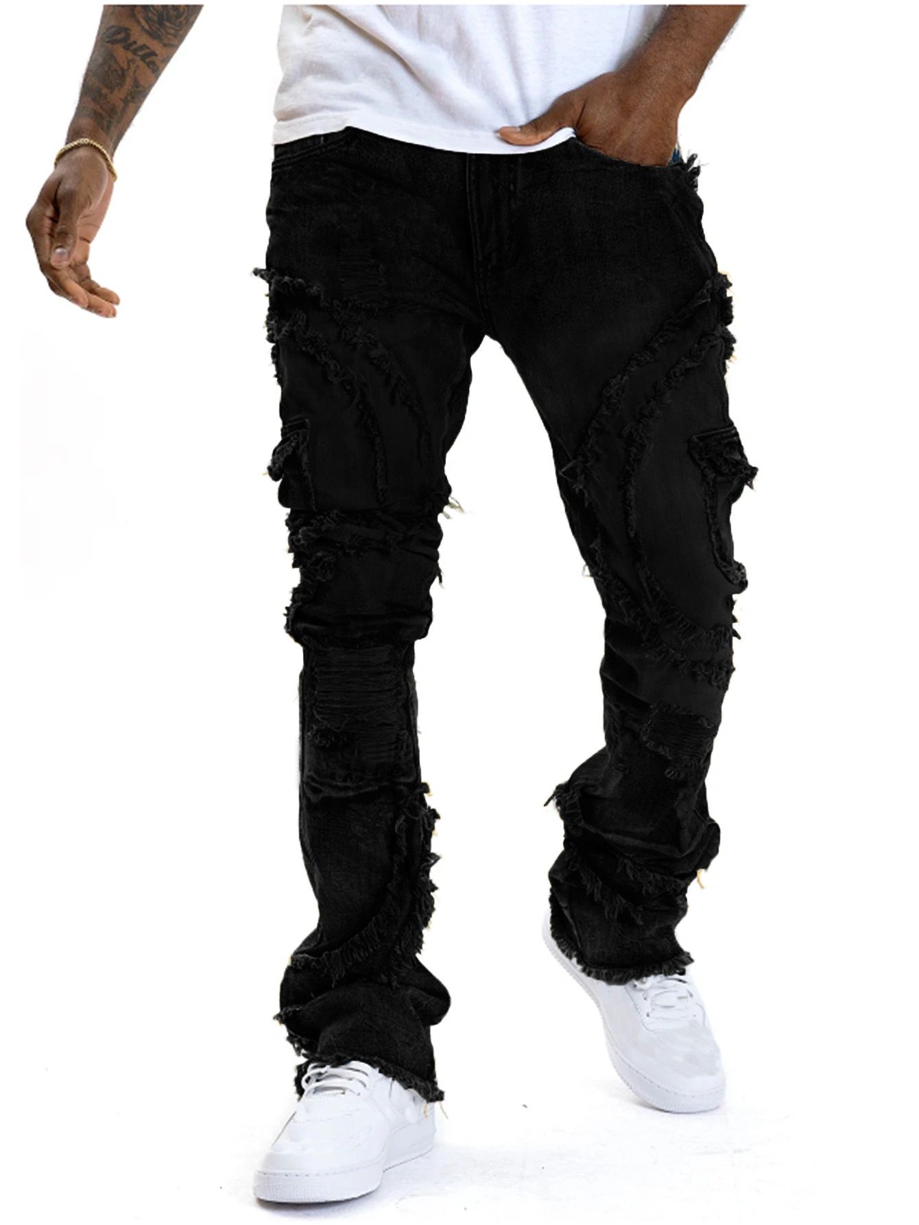 Light Wash Frayed Patchwork Stacked Skinny Jeans