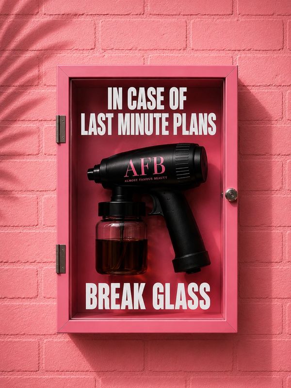 A pink emergency box with a beauty spray gun and text about last-minute plans.