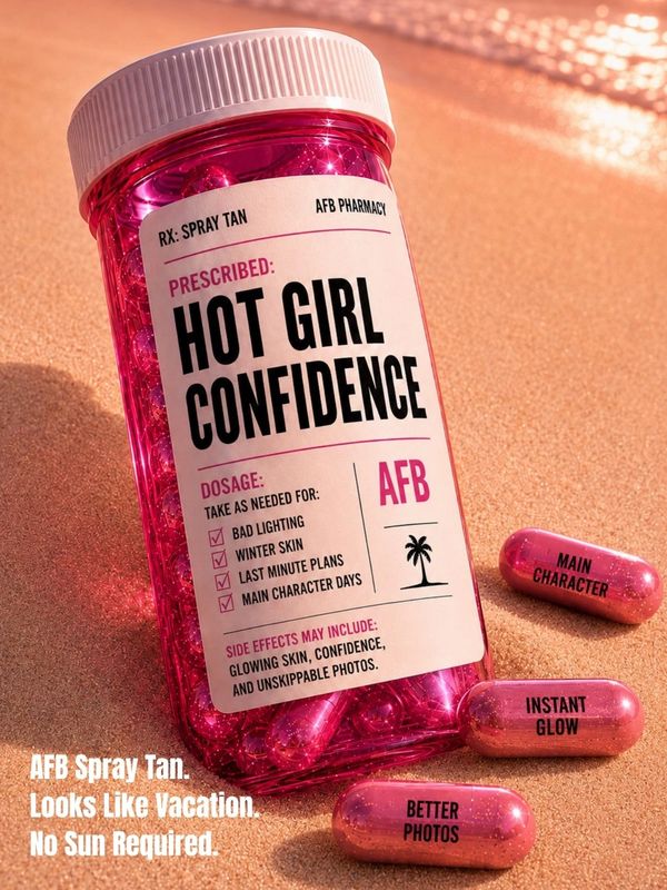 A pink pill bottle labeled 'Hot Girl Confidence' with capsules on sand for AFB Spray Tan.
