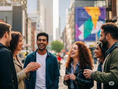 Grupo de amigos conversando alegremente na cidade.