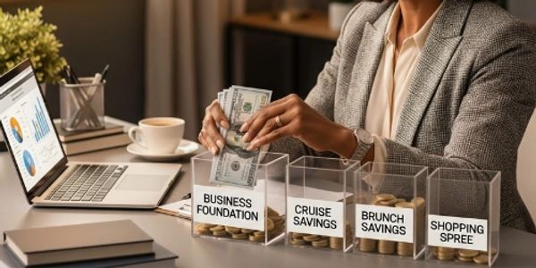 Person sorting money into labeled savings jars at office desk.