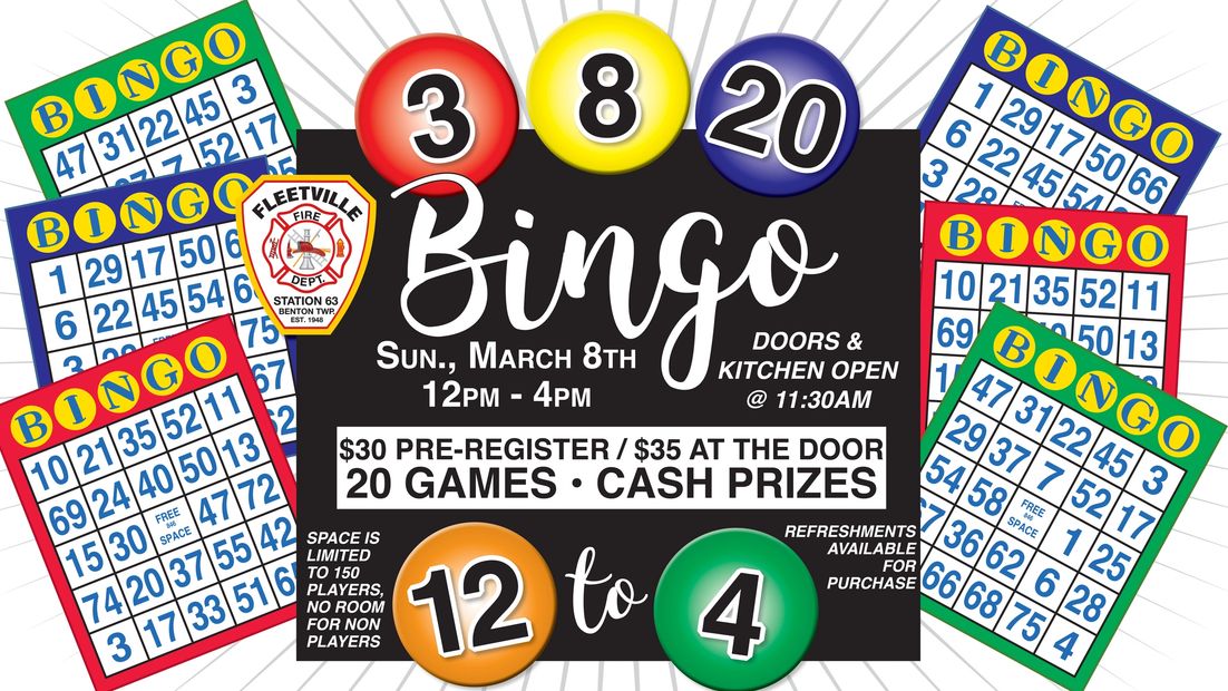 Bingo event on March 8th with 20 games and cash prizes.