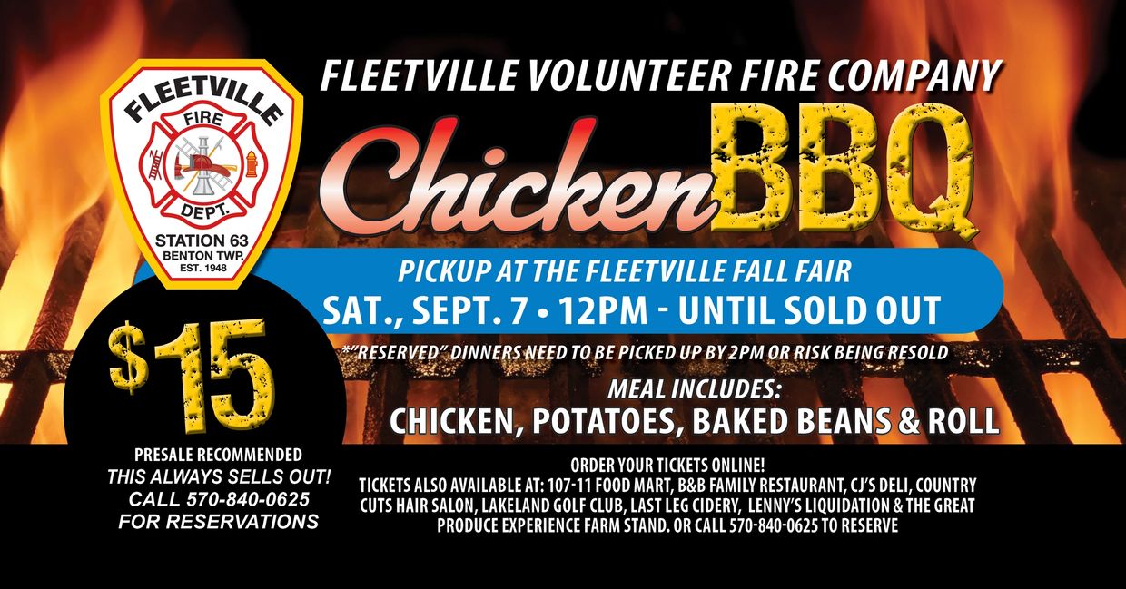 Fleetville Volunteer Fire Company Chicken BBQ event advertisement.