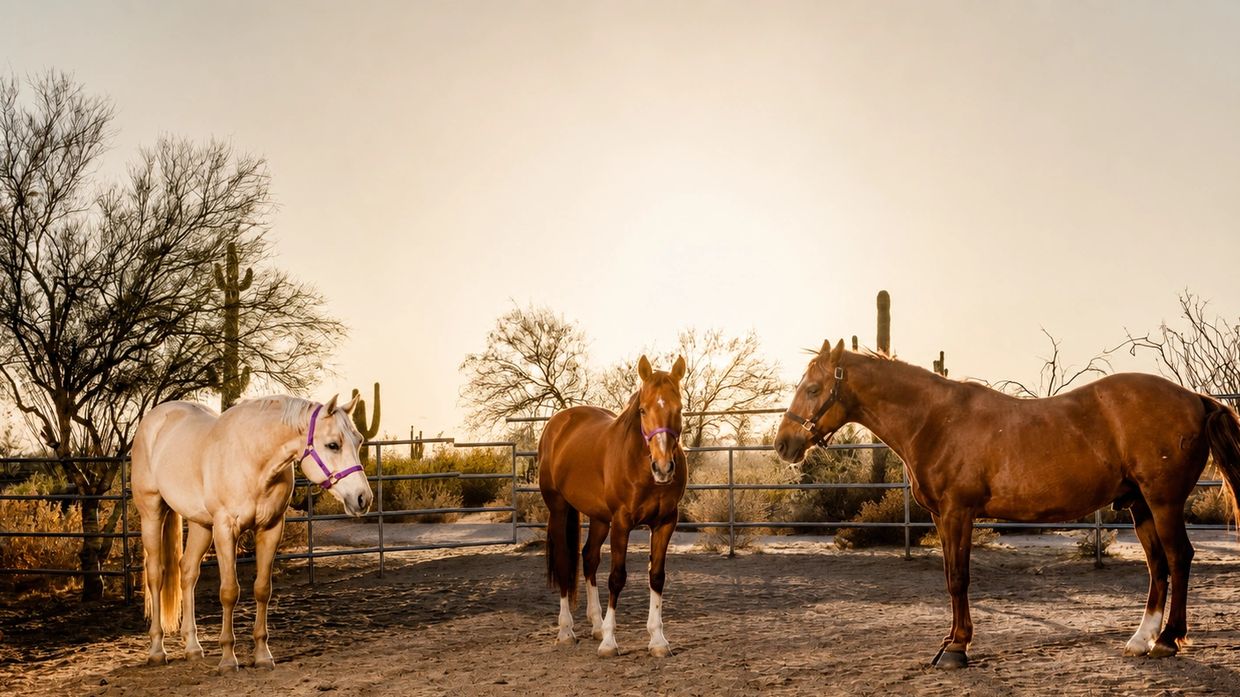 Three horses standing in a desert pen at sunset.