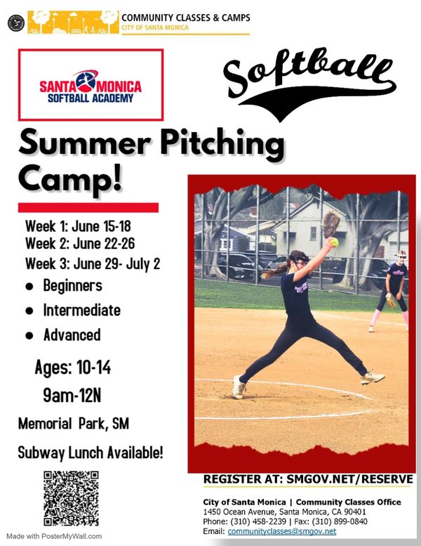 Santa Monica Summer Pitching Camp for ages 10-14 at Memorial Park.