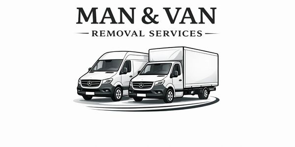 Logo of Man & Van removal services with two white vans.