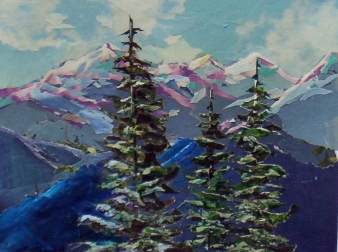 A lovely small study of early snowfall in the Olympic Mountains.  Cut, torn paper collage, matted an