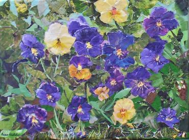 These little violas seed themselves all over the place.  A cut and torn paper collage on gallery wra