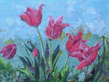 Red tulips always look joyful.  A cut and torn paper collage on gallery wrapped canvas.  Sealed, var