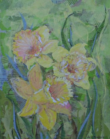 Daffodils mean spring time.  A cut and torn paper collage on gallery wrapped canvas.  Sealed, varnis