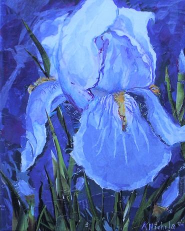 A blue iris - cut and torn paper collage on gallery wrapped canvas.  Varnished, sealed, wired ready 