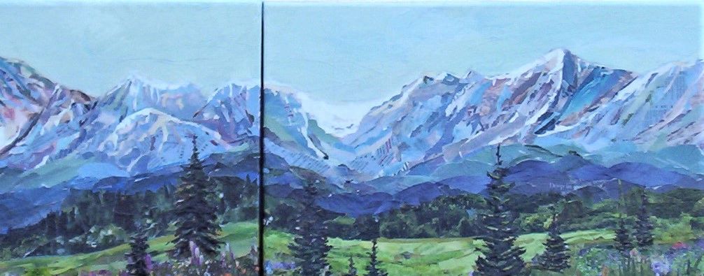 Painted from memory, a scene I remember in the Canadian Rockies in high summer with lots of alpine f