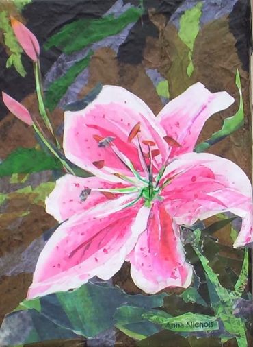 A sweet smelling lily in my garden.  Cut and torn paper on gallery wrapped canvas. Varnished, sealed