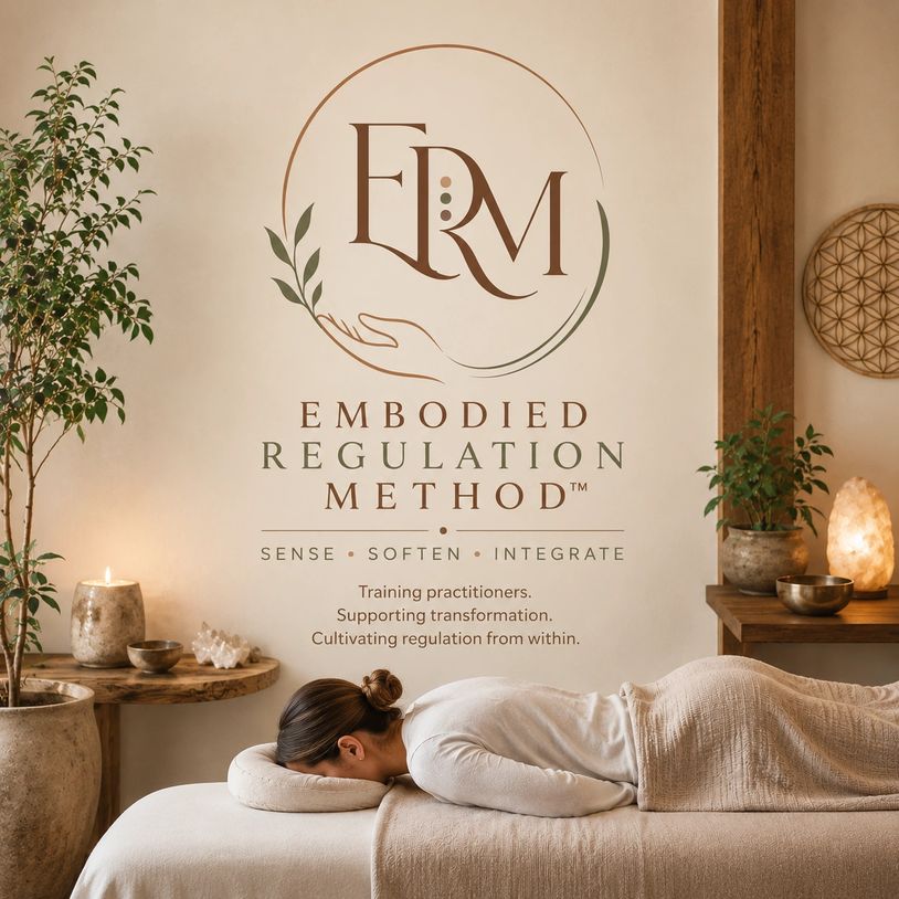 Person resting face down on a massage table in a serene room with Embodied Regulation Method branding.