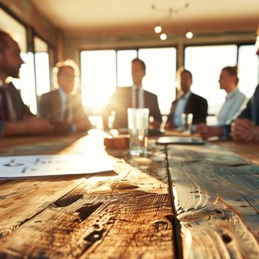 Business meeting with people around a wooden table in warm sunlight.