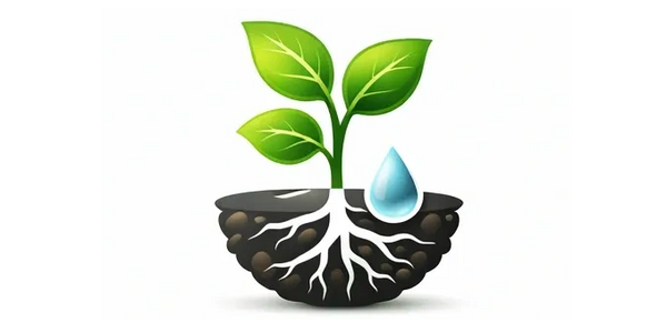Illustration of a plant with roots and a water droplet in soil.