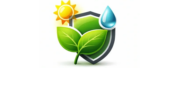 Eco-friendly shield with sun, water drop, and green leaves symbolizing environmental protection.
