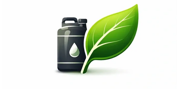 A green leaf and a black oil can symbolizing eco-friendly fuel.